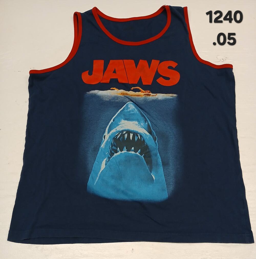 Jaws (L) Navy Blue Jaws Movie Print Sleeveless Tank Top Tee